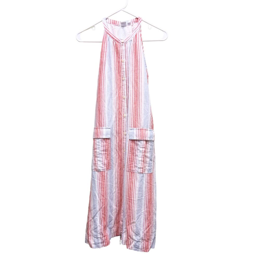 Gap Peach Blue Striped Linen Blend 2 Pocket Tie Waist Midi Halter Dress Size XS